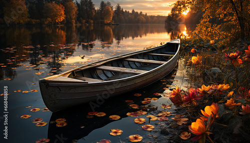Tranquil sunset reflects vibrant autumn colors on serene pond generated by AI © Jemastock