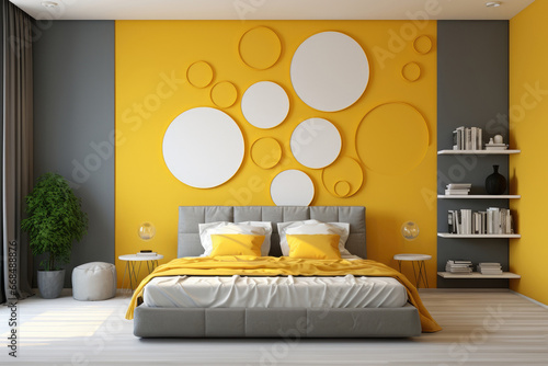 Sunny Serenity: Exploring a Yellow Bedroom with Circular Wall Decor