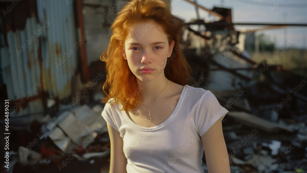 Portrait of a young teenage girl with red hair and pale skin and wearing a white t-shirt. Pictured in a junk yard. 