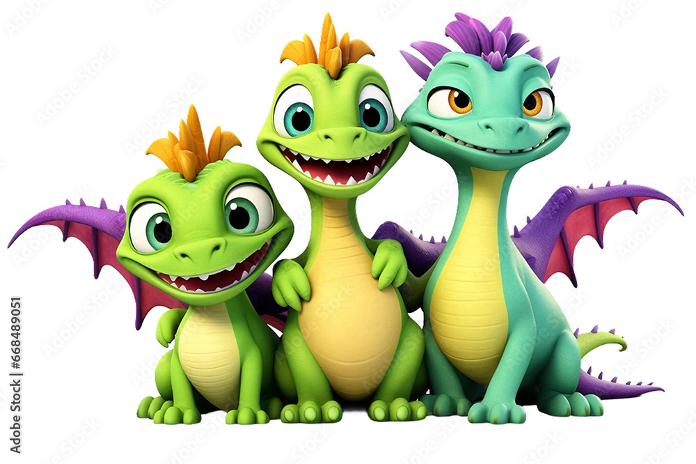 Naklejka premium 3d cartoon cute dragon family clipart png sublimation