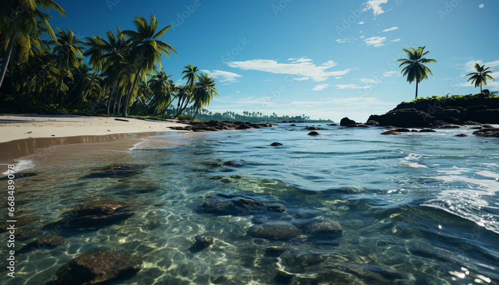 Idyllic tropical coastline, palm tree, blue water, sandy beach generated by AI