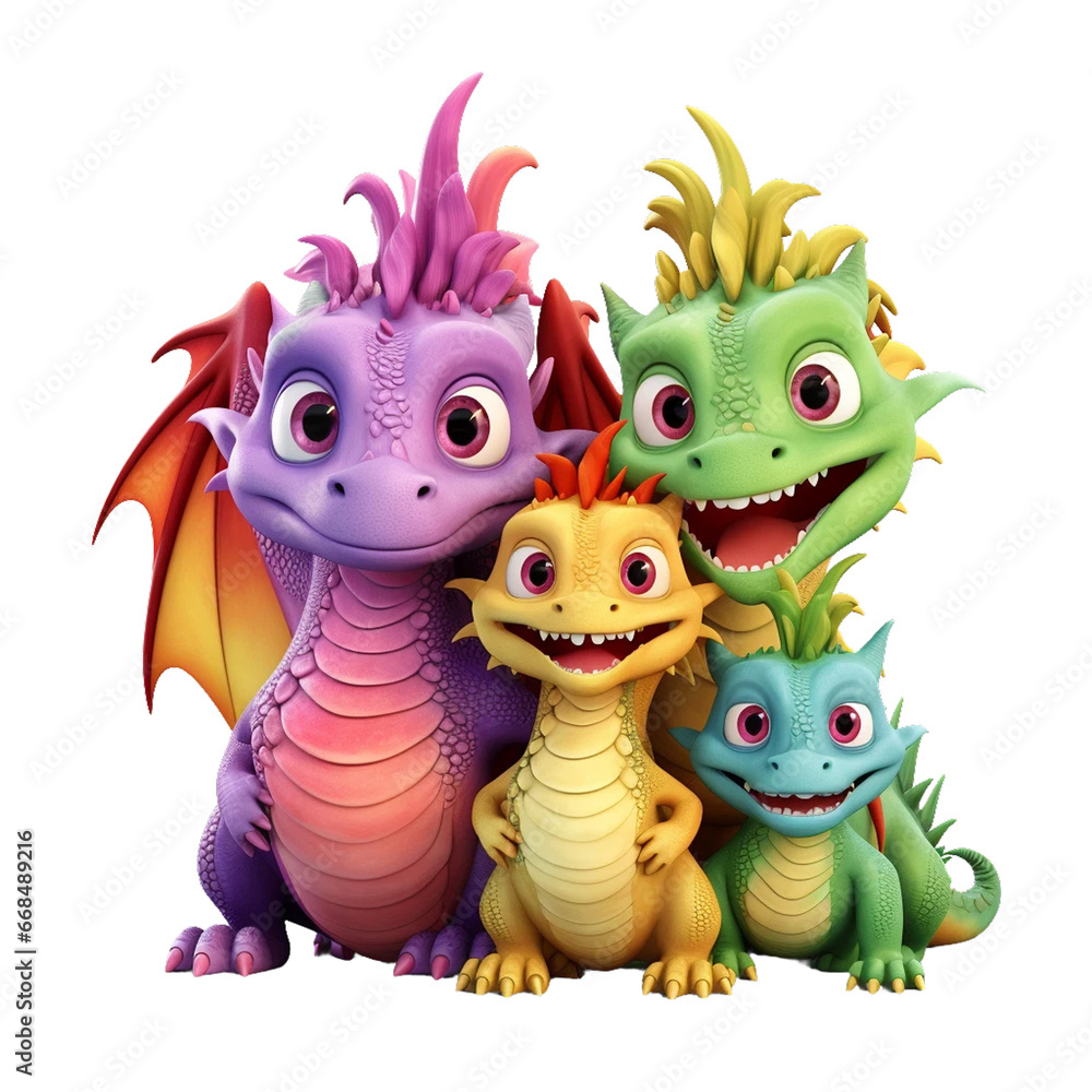 3d cartoon cute dragon family clipart png sublimation