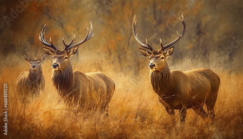 Deer grazing in meadow  surrounded by autumn forest  peaceful wilderness generated by AI