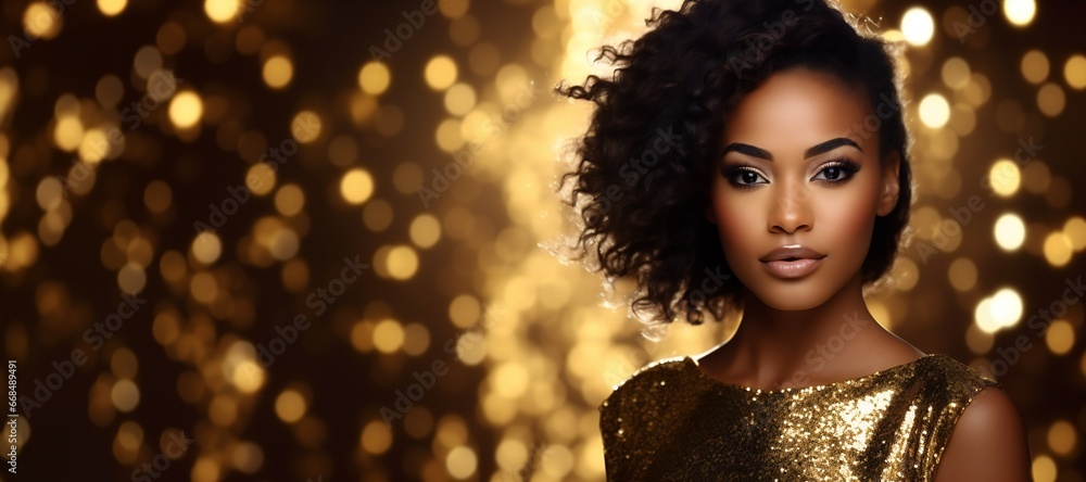 Young african star american girl in gold on golden sparkling background, empty space banner - obrazy, fototapety, plakaty 