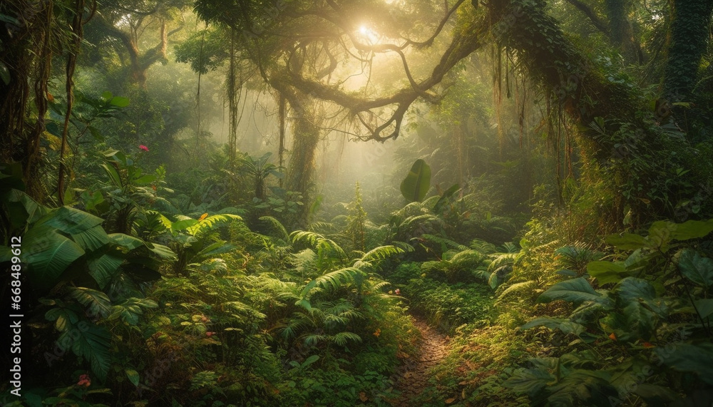 Mysterious fog blankets tropical rainforest, revealing nature enchanting beauty generated by AI