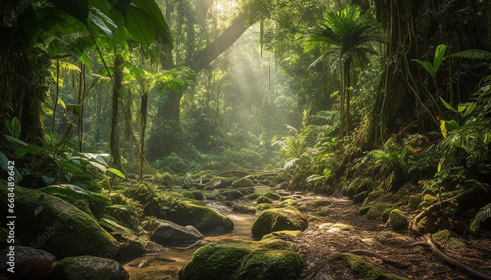 Tranquil scene of a tropical rainforest, nature uncultivated beauty generated by AI