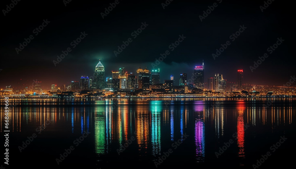 Night cityscape with skyscrapers, urban skyline, and illuminated reflections on water generated by AI