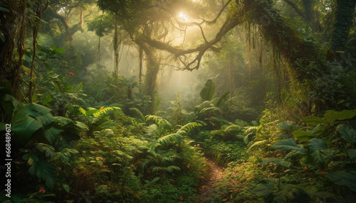 Mysterious fog blankets tropical rainforest, revealing nature enchanting beauty generated by AI
