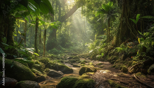 Tranquil scene of a tropical rainforest, nature uncultivated beauty generated by AI