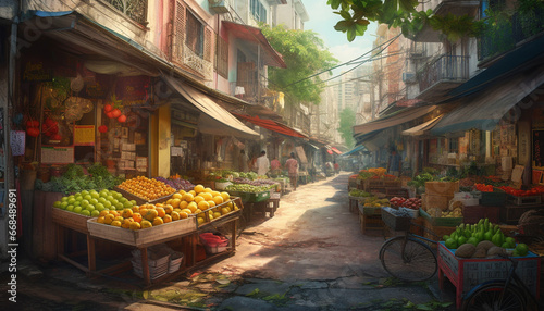 Market vendor selling fresh fruits and vegetables in a colorful city generated by AI
