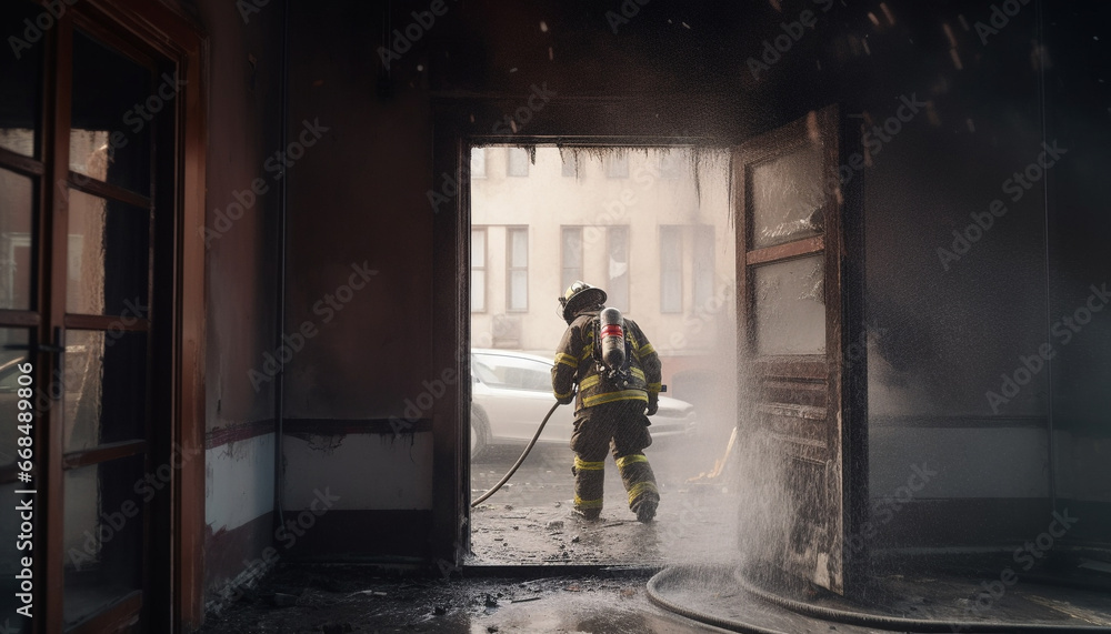 One firefighter working indoors, spraying flame in burning factory generated by AI