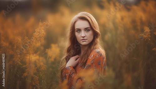 A young woman in nature, smiling, enjoying the beautiful sunset generated by AI