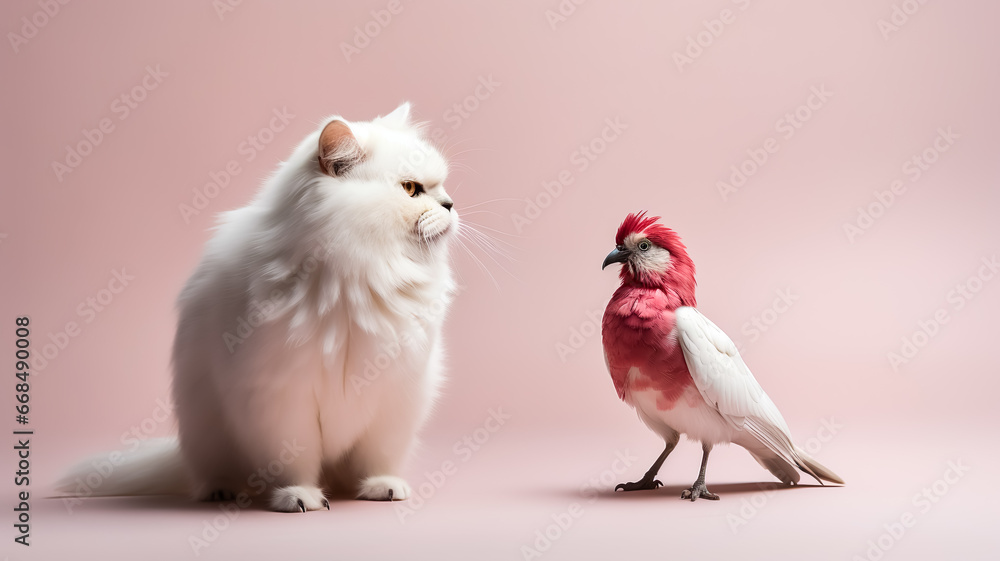 Portrait shot of Persian cat with buddy friend bird,studio background.pet and relationship concepts