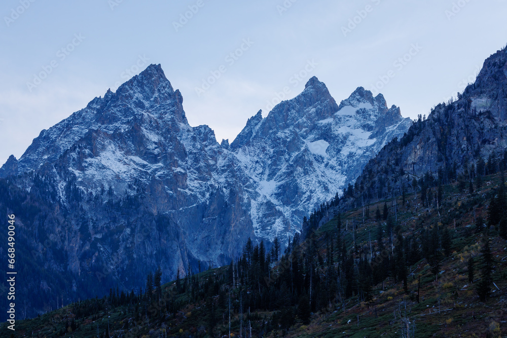 The Cathedral Group mountains with snow in Grand Teton National Park