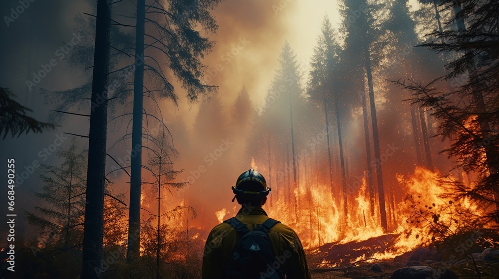 Rear view of a firefighter putting out a forest fire. Global warming concept - obrazy, fototapety, plakaty 