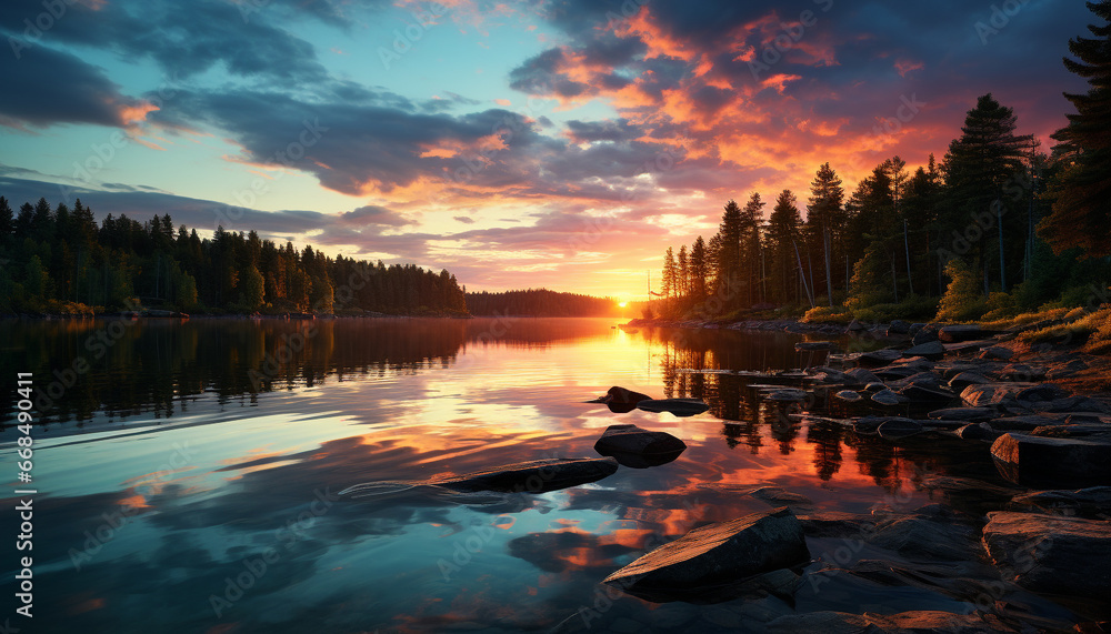 Fototapeta premium Tranquil sunset reflects on serene water, nature majestic beauty generated by AI