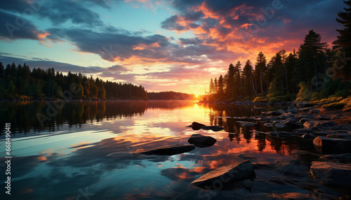 Tranquil sunset reflects on serene water, nature majestic beauty generated by AI