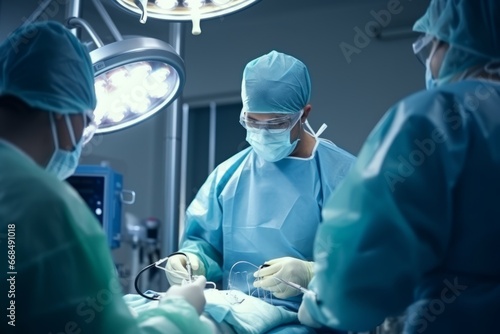 Surgeons working in operating room Plastic surgeons operating patient for breast implant. Team of doctors are in scrubs at operating room photo
