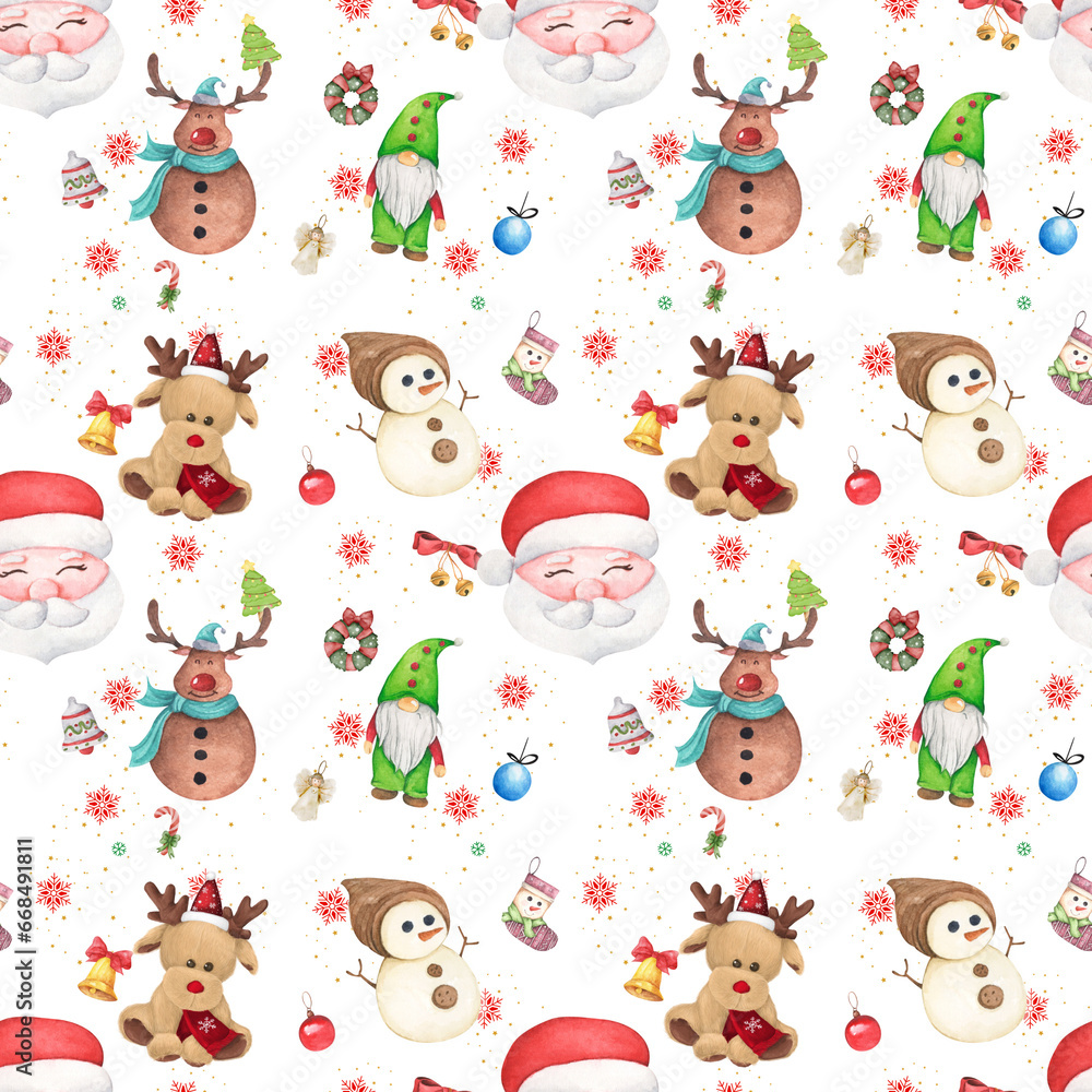 Obraz premium Christmas seamless pattern featuring Santa, Rudolph the Reindeer, Snowman, and an elf, with colorful snowflakes and tiny decorations on a black background. It can be used for wrapping paper, fabrics, 