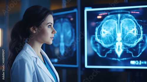 Medical Science Hospital: Neuroscientist Looks at TV Screen with MRI Scan with Brain Images. Health Clinic Lab:Professional Physicians Look at Functioning CT Scan Find Treatment. Generative AI
