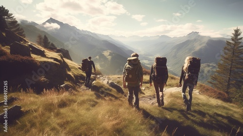Candid Photo of Friends Hiking Together in the Mountains. Adventure Journey Concept 
