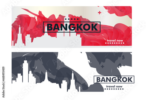 Thailand Bangkok city banner pack with abstract shapes of skyline, cityscape, landmark. Travel vector horizontal illustration layout set for brochure, website, page, presentation, header, footer