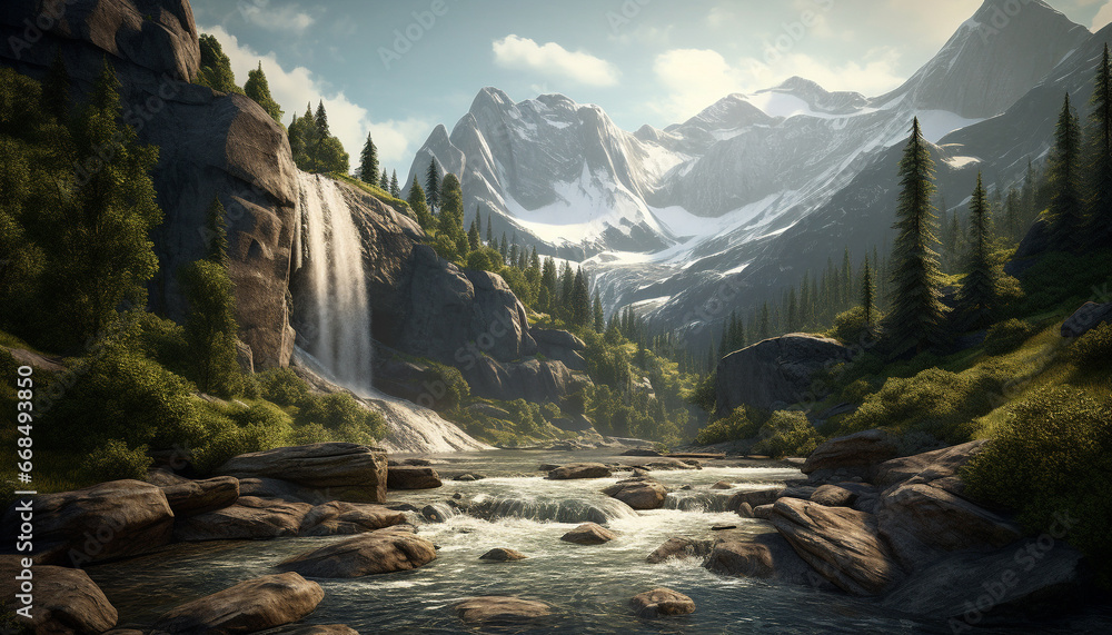 Majestic mountain range, tranquil scene, flowing water, rocky mountains, wilderness generated by AI