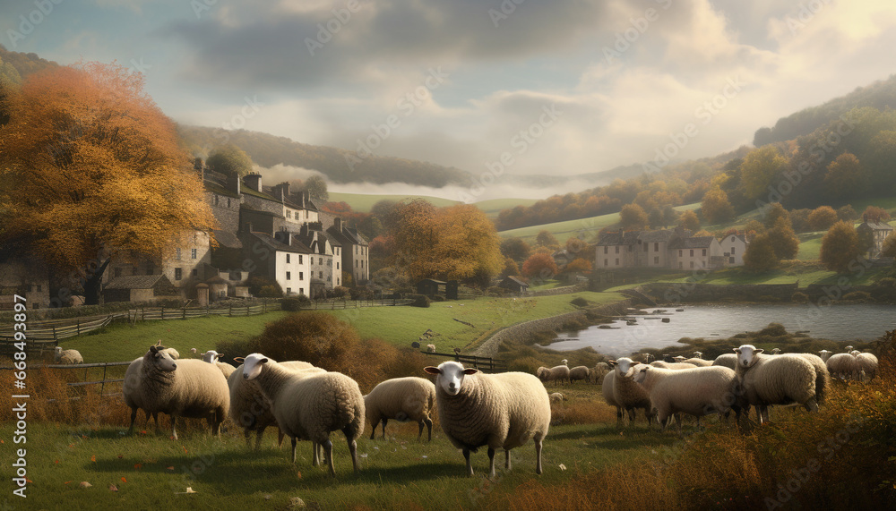 Fototapeta premium A serene rural farm with sheep grazing in a meadow generated by AI