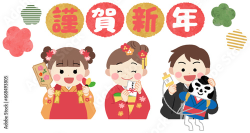 謹賀新年・着物姿の子供の正月イラスト