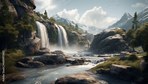 Majestic mountain range  flowing water  tranquil scene  adventure in nature generated by AI