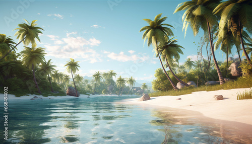 Idyllic tropical coastline  palm trees sway  turquoise waters  peaceful relaxation generated by AI