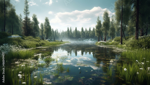 Tranquil scene of a forest meadow, reflecting beauty in nature generated by AI