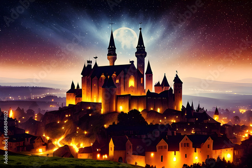 Fantastic and dreamy medieval night view. generative AI