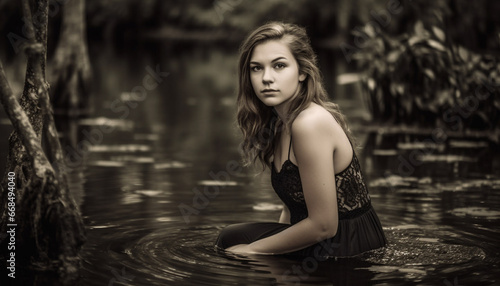 A beautiful young woman in nature, looking at the camera generated by AI