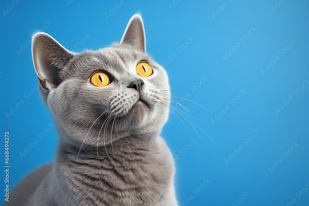 cute grey cat on blue background, AI generated