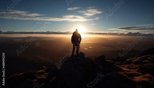 Man standing on mountain peak, admiring majestic sunset, achieving adventure generated by AI © Stockgiu