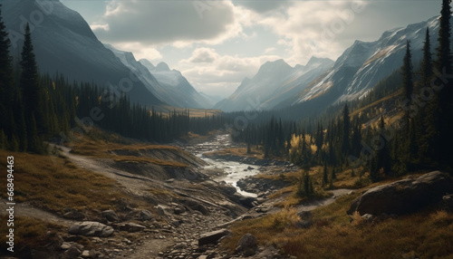 Tranquil scene of majestic mountain range, reflecting in calm water generated by AI