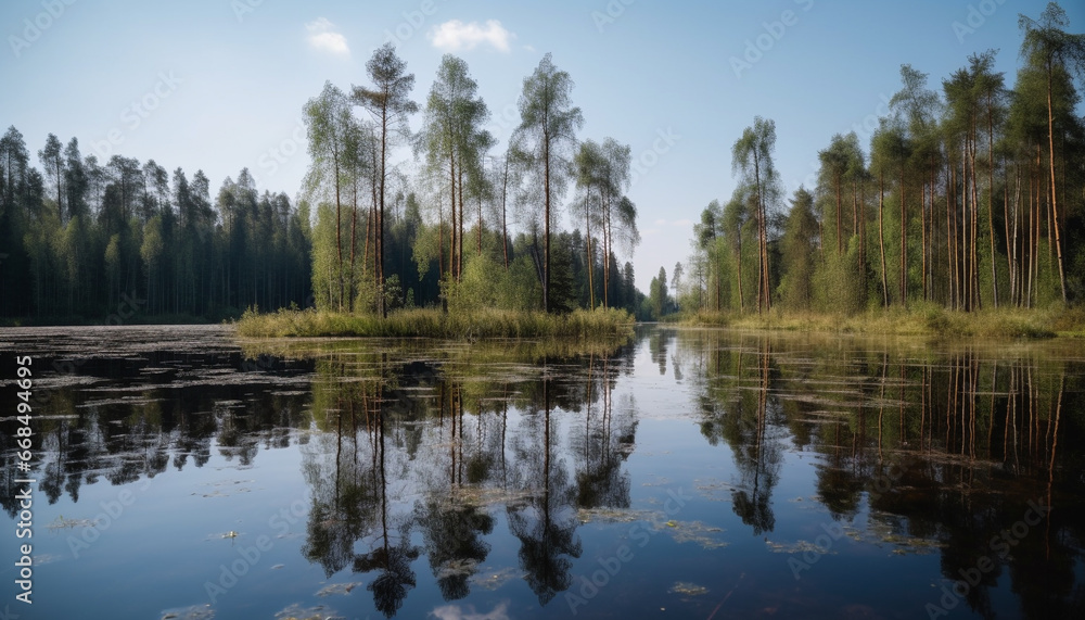 Tranquil scene of a summer forest, reflecting in a peaceful pond generated by AI