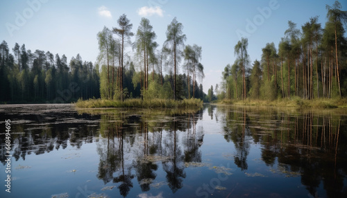 Tranquil scene of a summer forest, reflecting in a peaceful pond generated by AI