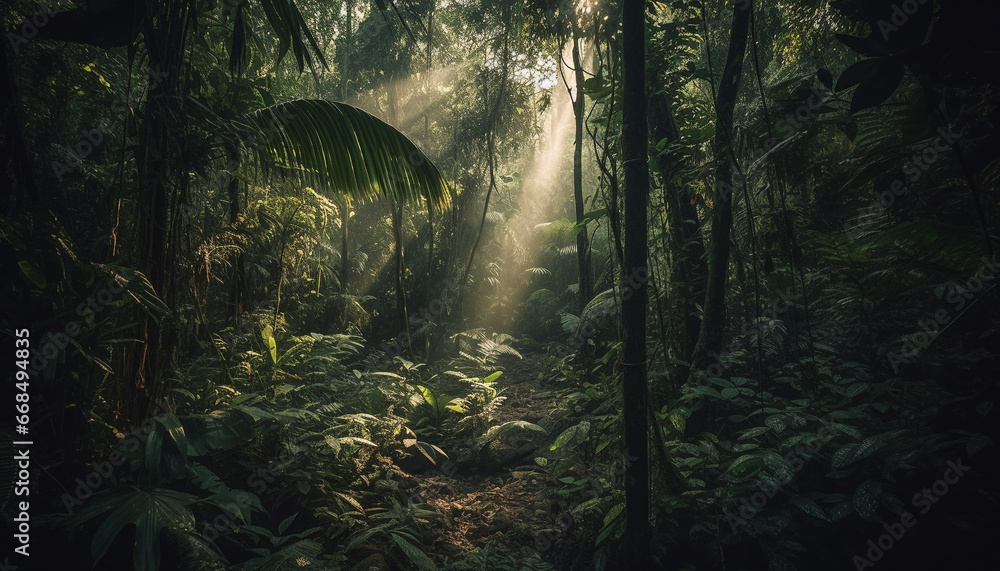 The mysterious tropical rainforest holds the beauty of nature wilderness generated by AI