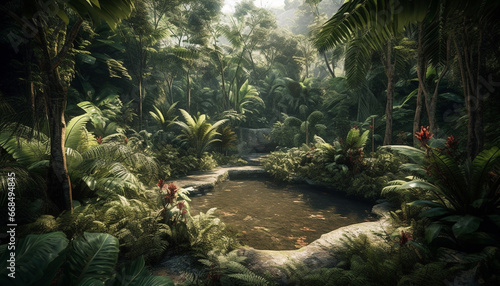 A lush green forest with tropical trees and a tranquil pond generated by AI