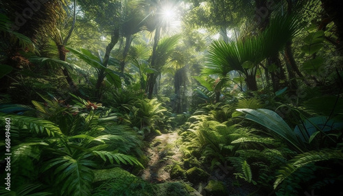 Tranquil scene of a tropical rainforest, lush with green foliage generated by AI