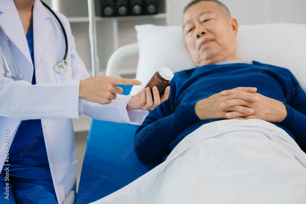 Doctors explaining the symptoms to a patient in a hospital or therapeutic treat client Professional medical service concept.