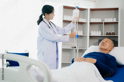 Doctors explaining the symptoms to a patient in a hospital or therapeutic treat client Professional medical service concept.