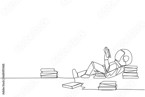 Continuous one line drawing astronaut lying down reading a book. Lots of books scattered around. Hobby reading. Space book festival concept. Cosmic galaxy. Single line draw design vector illustration