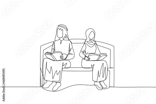 Continuous one line drawing Arab man woman sitting reading on chair in university park. Prepare for final exams with serious reading. Book festival concept. Single line draw design vector illustration