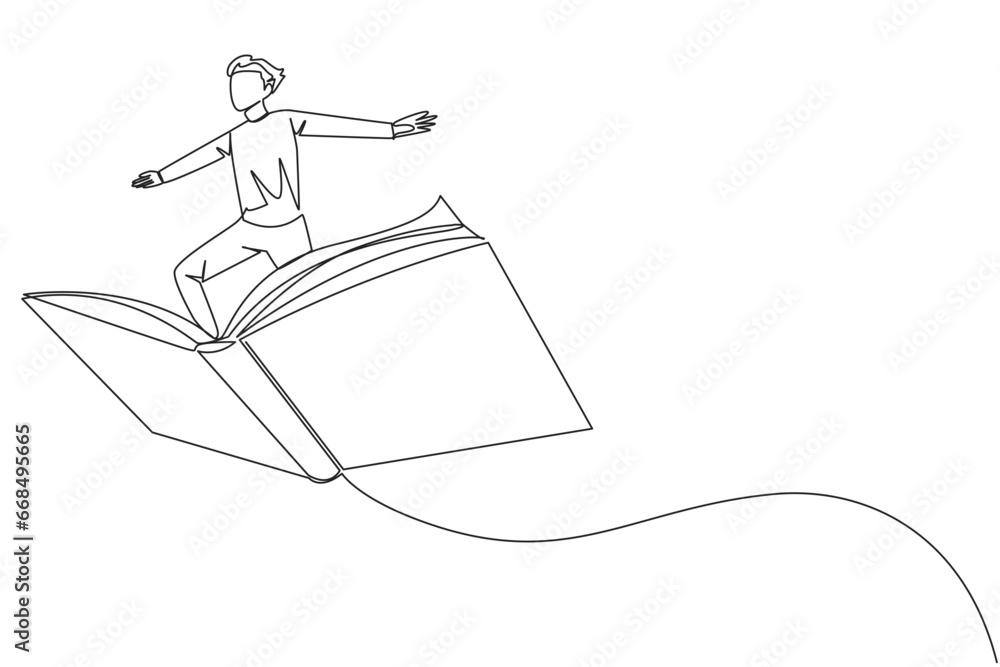 Fototapeta premium Single continuous line drawing man standing on a large flying open book. Like riding a cloud, able to fly as high as possible. Reading increases insight. Love read. One line design vector illustration