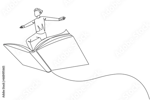 Single continuous line drawing man standing on a large flying open book. Like riding a cloud, able to fly as high as possible. Reading increases insight. Love read. One line design vector illustration