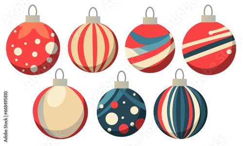 A set of Christmas flat balls is isolated on a white background. A festive Christmas toy for the Christmas tree. Vector illustration. Multicolored round balls in red, blue shades. Christmas motif.