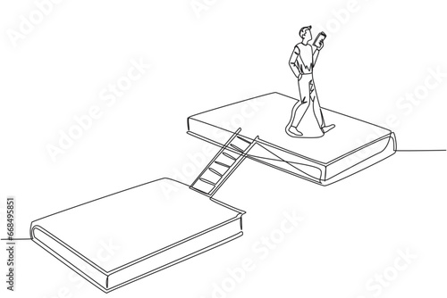 Single continuous line drawing man walking reading on books. A book exhibition concept. Display many books, from scientific books to fiction story books. Book festival. One line vector illustration